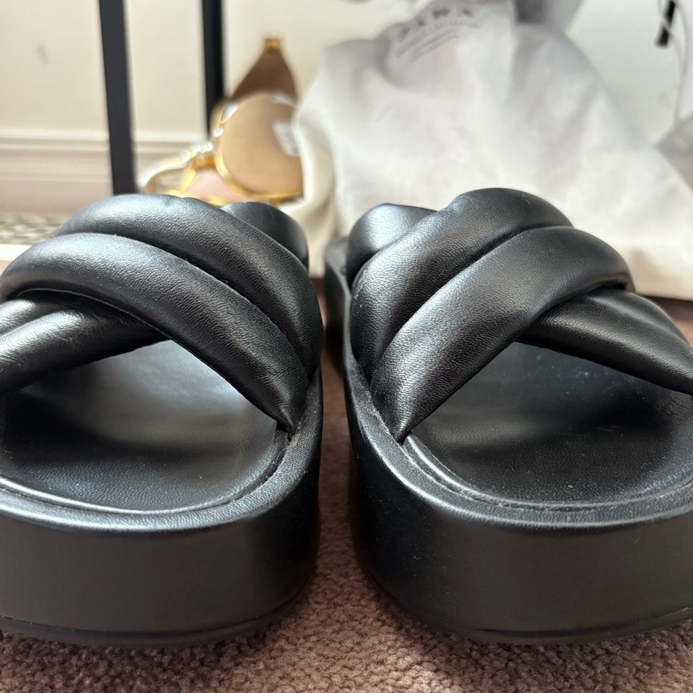 Zara Genuine Leather Platform Black Criss-Cross Slides - Picture 2 of 6